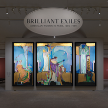 A tall three-paneled series of paintings underneath the Brilliant Exiles exhibition entrance sign.