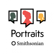 A square logo with colored silhouettes inside speech bubbles and the words "Portraits" and "Smithsonian"