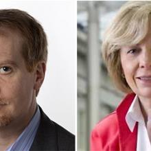 headshots of a man in a dark jacket and a woman in a pink blazer