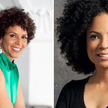 Two young Black women one in a green dress the other in black