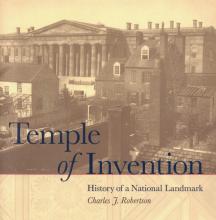Book cover showing an old black and white photo of the Patent Office building, with the words "Temple of Invention" in large letters