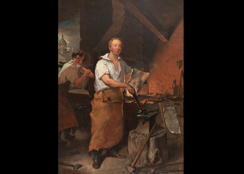 Ninteenth century man in a long apron standing at a forge