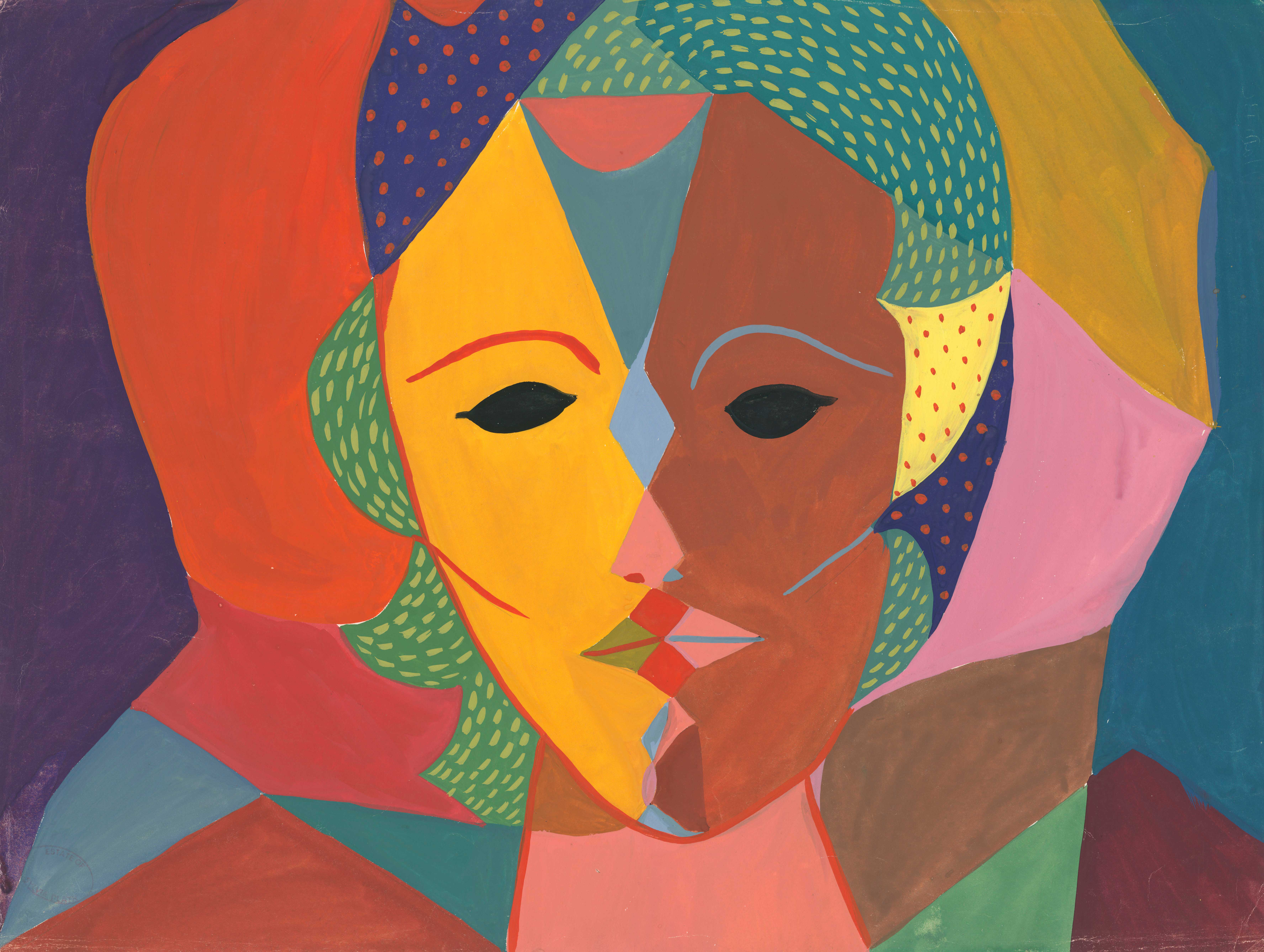 A geometric portrait of a woman with two faces