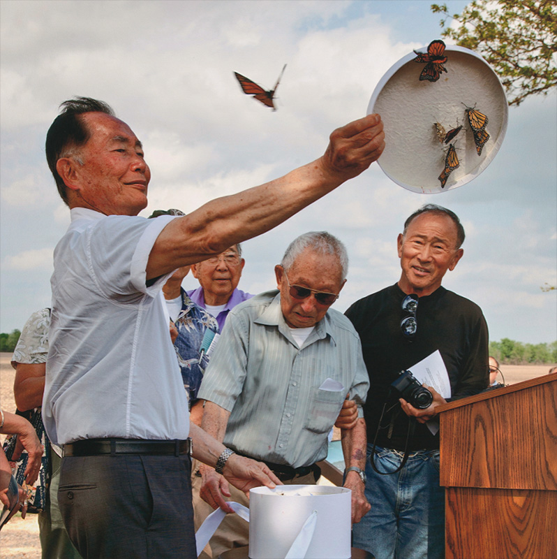 Photograph of an Asian man releasing butterflies while others look on