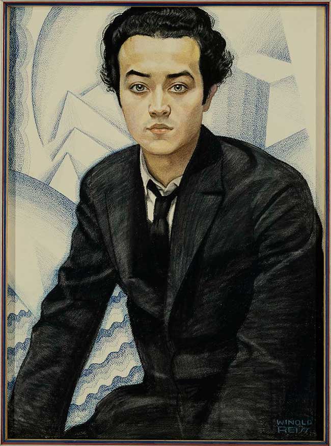 Painted portrait of Isamu Noguchi, in loose black suit and tie and looking straight at viewer
