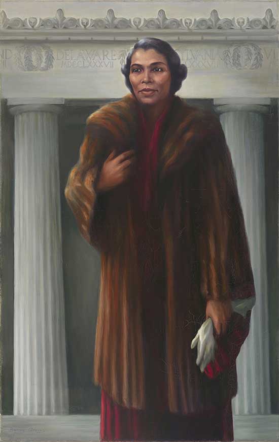 Painted portrait of Marian Anderson signing in front of columns of the Lincoln Memorial. She wears a brown fur coat, with right hand near heart and left hand by side, holding a white glove