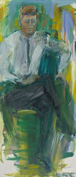 Abstract painted portrait of John F. Kennedy.  He is seated with white shirt and tie.  Patches of greens, yellows, and greys in the background