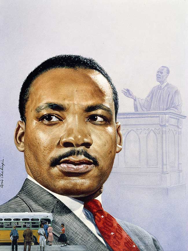 Painted portrait of Martin Luther King, image of a bus boycott in lower left. In upper right, a black-and-white sketch of a figure in ministerial robes delivering an address from pulpit