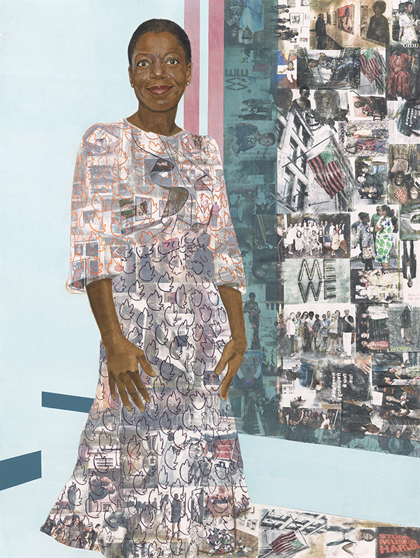 3/4 length portrait of a Black woman in a dress with figures on it