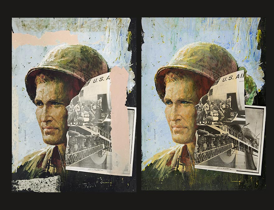 Before and after views of a painting of a soldier