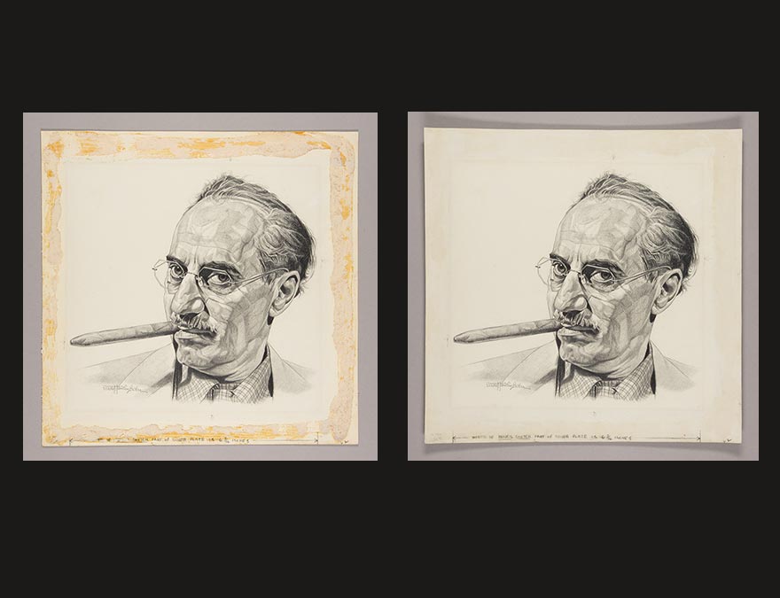 Two portraits of a moustached man with a cigar