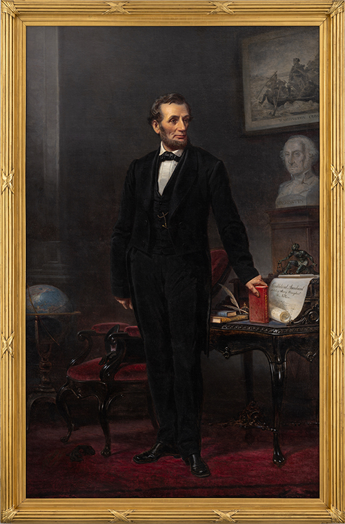 full length painting of a man in a black suit