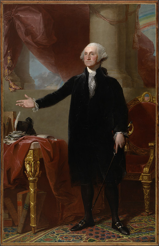 18th century full length portrait of a man in a black suit and leggings with a powdered wig